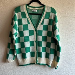 Womens Boutique Checkered Cream Green Cardigan